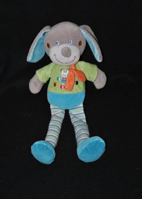 Peluche doudou chien vert bleu MOTS D'ENFANTS écharpe orange pois chat 32cm NEUF