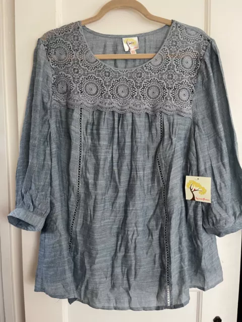 NWT Anthropologie Fig Flower Peasant Blouse Boho TOP Crochet Plus Sz 1X Grey