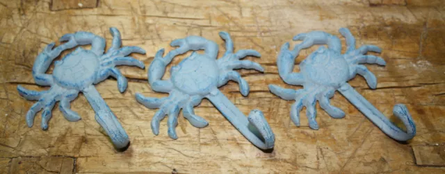 3 Heavy Cast Iron BLUE CRAB Towel Hanger Coat Hooks Hat Hook, Key Rack Nautical