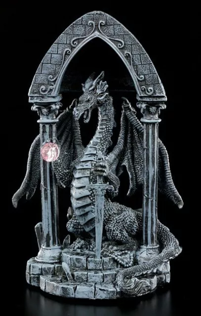 Drachen Figur - Drache mit Schwert und Kristall - Gothic Fantasy Statue Deko