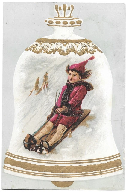 Antique CHRISTMAS LION COFFEE, Woolson Spool TRADE CARD, Sled, Snow, Ad 