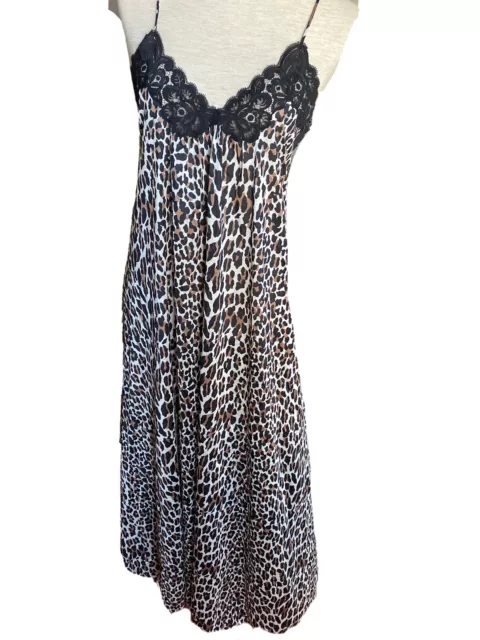 Vtg 60s Leopard Vanity Fair Maxi Nightgown Deep V Pin Up Strap Back Dress  S/M