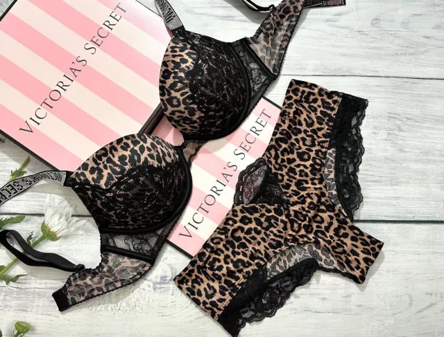 VICTORIAS SECRET VERY Sexy Push Up Shine Strap Bra Cheeky Set Leopard Black  Lace £60.98 - PicClick UK