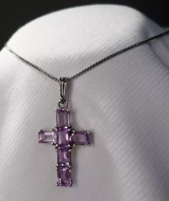 Italy 925 Sterling Silver Amethyst Stone Cross Religious Pendant Necklace