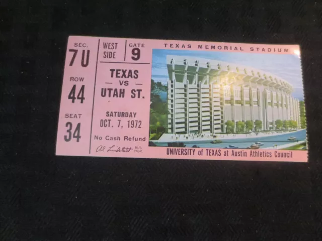 Texas Longhorns Football Ticket  VS Utah State Oct 7, 1972