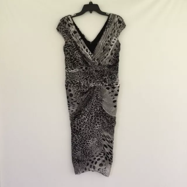 Tadashi Shoji Silk Mix Print Dress Size 8 Deep V Neck Ruched Pleated Detail
