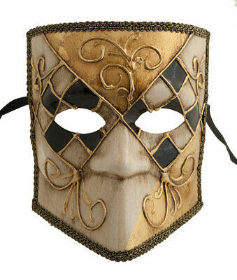 Mask from Venice Bauta Asso Checkerboard Black Golden Carnival Venetian 1878 V70