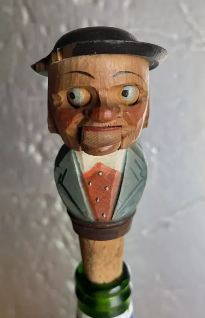 Bottle Stopper Beady Eye  Man Anri ? Vintage Hand Carved Mechanical Wooden Cork