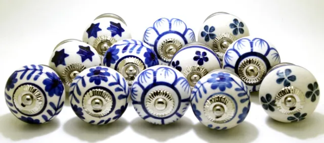 12 X Assorted White And Blue Ceramic, Decorative Door Knob Furniture Drawer Pull