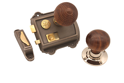 Victorian Style Rim Lock Latch + Rosewood Wooden Beehive or Bun Knobs Nickel Set