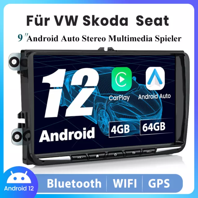 Für VW SKODA SEAT Multimedia Schwarz Carplay 9“Autoradio GPS SWC WIFI NAVI 4+64G