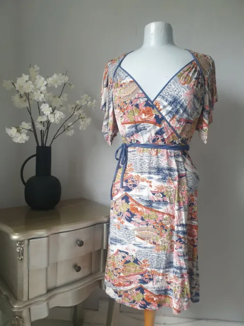 TFNC rust sage dark blue beige wrap over stretch floral dress size 12 pre-owned