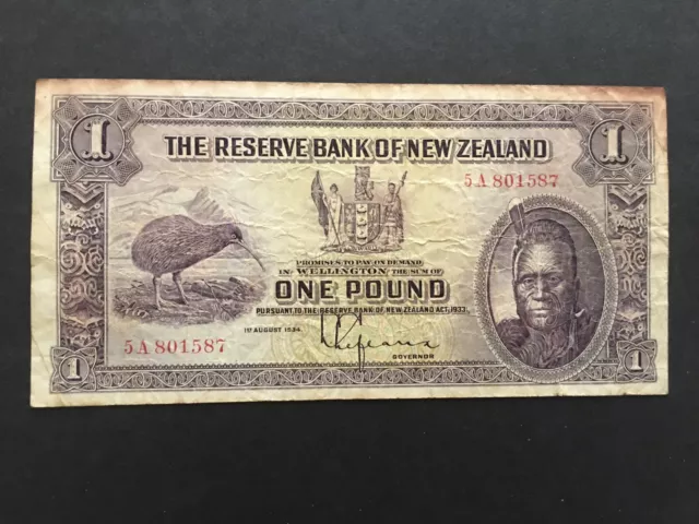 NEW ZEALAND  1934  One Pound Note  Lefeaux  Prefix  5A 801587  RARE note!!!