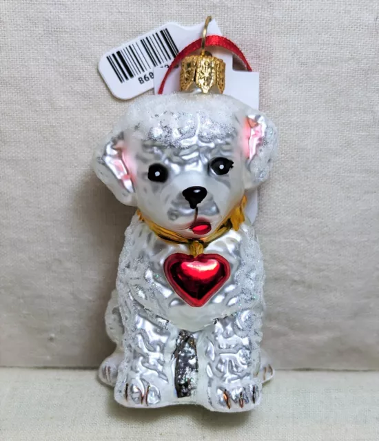 Mini Bichon Frise Dog Ornament, Hand Painted/Mouth Blown, made in Poland