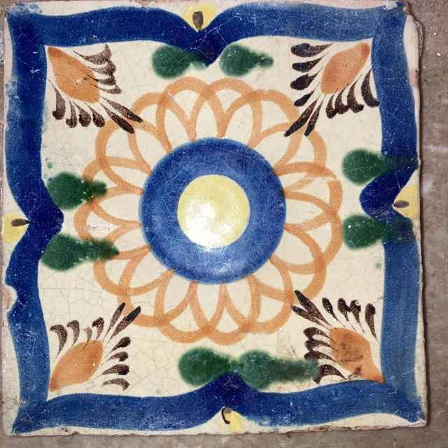 Antique Polychrom Ceramic Redware Tile Glazed Terracotta 6”x6” Majolica Morrocan
