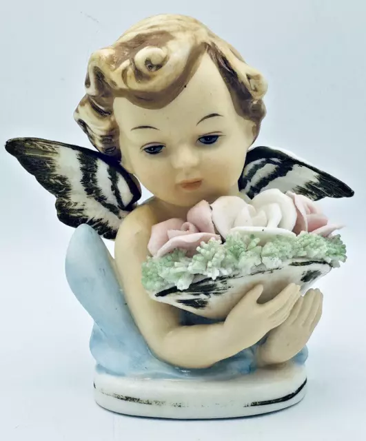 Vintage Tilso Japan Angel Cherub w Flower Basket Porcelain Figurine Hand Painted