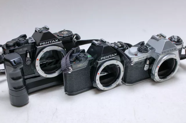 Pentax ME Super Black 35mm SLR 2 bodies & 1 Pentax MV set of 3 Camera +ME winder