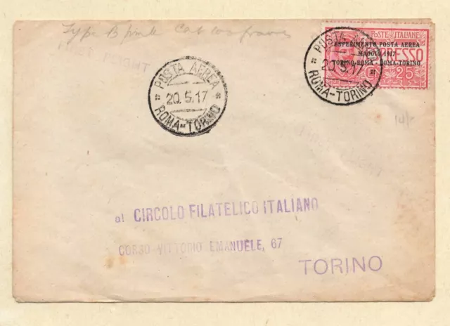 ITALY 1927 *FIRST FLIGHT* Cover ROME to TURIN: EXPERIMENTO POSTA AEREA O/Print