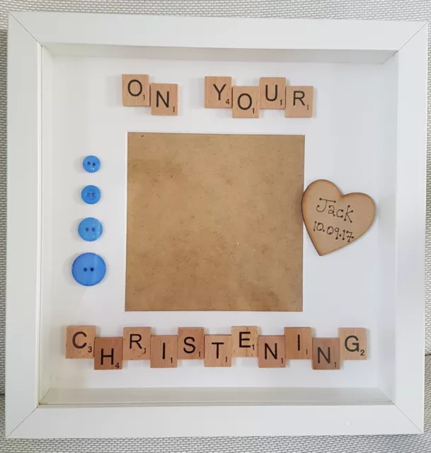 Personalised Photo Box Frame scrabble letters baby christening baptism gift