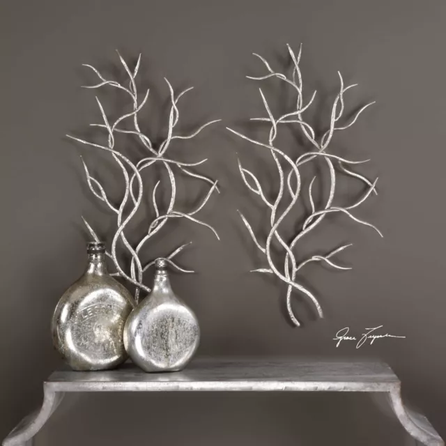 Pair Xxl 37" Hammered Bright Silver Leaf Forged Iron Branch Wall Art Uttermost