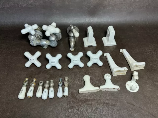 Antique Hardware Lot Porcelain Bathroom Faucet Hot Cold Waste Knob Handles Hook