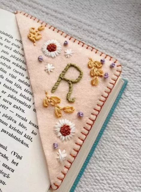 Personalized Hand Embroidered Corner Bookmark, Hand Stitched Felt Corner Letter