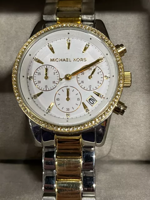 Michael Kors Silver Women's Watch With Rose Gold Dial & Pave Stones Around Bezel