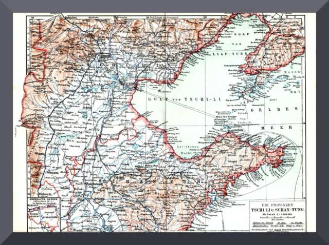 +Provinzen Tschi-Li u. Schan-Tung+ Landkarte 1905 +China, Deutsches Pachtgebiet+