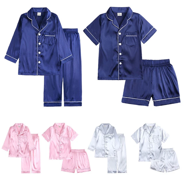 Boy Girls Silk Pyjamas Set Nightwear Top Pants Pjs Satin Sleepwear Outfits UK