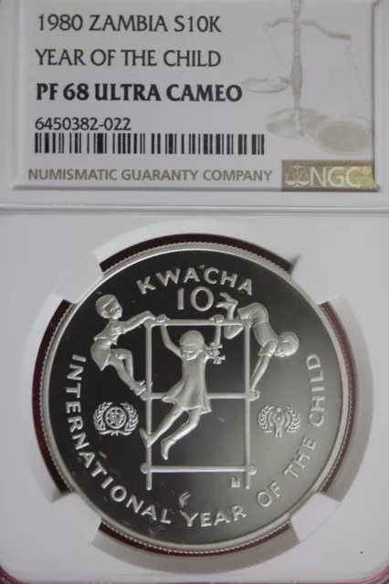 1980 Zambia $10 Kwacha PF 68 Year Of The Child Silver NGC Certified Slab OCE 91