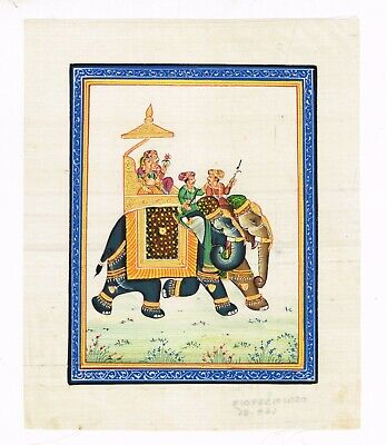 Rajasthan Peinture Miniature De Mewar Maharaja Et Equitation Sur Éléphant