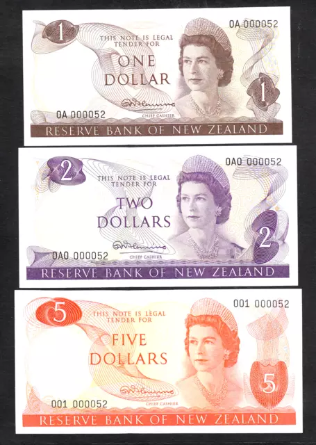 NEW ZEALAND. Fleming (1967-68) 1st Prefix $1 OA, $2 OAO, $5 001. Matched Serials