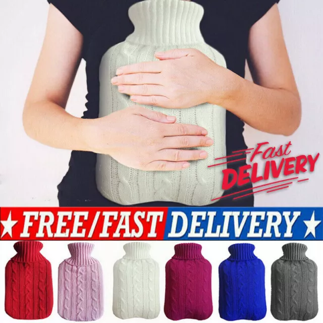 Large Natural Rubber 2L Hot Water Bottle Bag Faux Fur Fleece Knitted Warm Cover