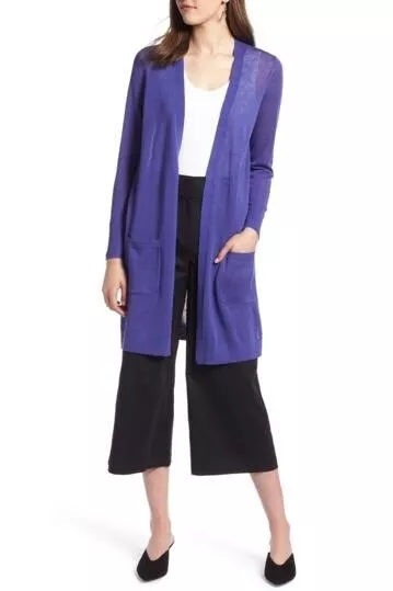 New HALOGEN Long Linen Blend Cardigan In PURPLE ORIENT Sz PS $68