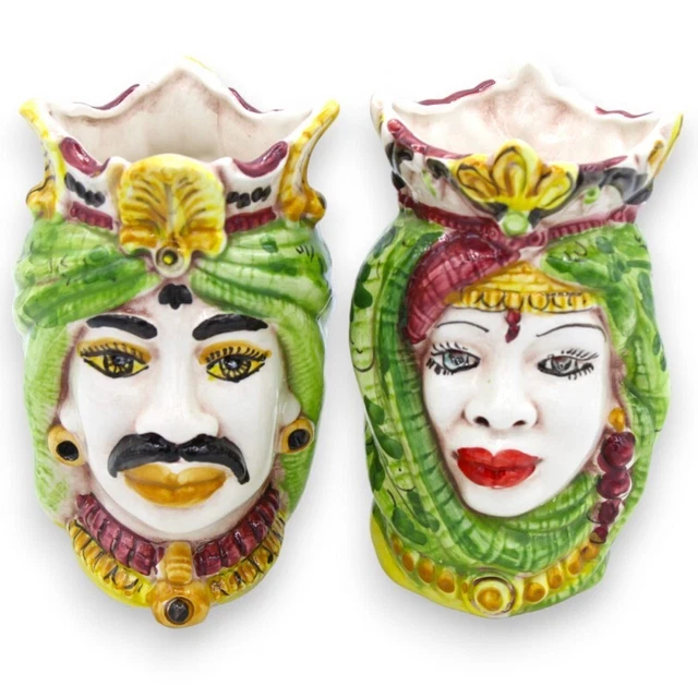 Coppia Teste di moro in ceramica Caltagirone - h 13 / 14 cm ca. con corona, turb