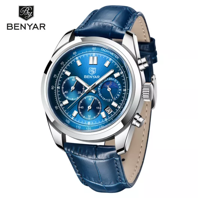 Casual Men's Watch BENYAR Chronograph Date Quartz Wrist Watches Leather Bracelet