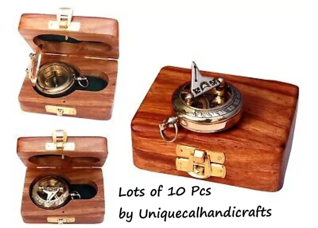 Nautical brass pocket push button compass with wooden box LOTS OF 10 PCS