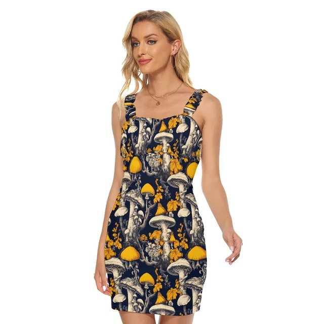Unique Yellow Mushroom Print Tank Dress Victorian Rococo Ruffle Straps Fungi