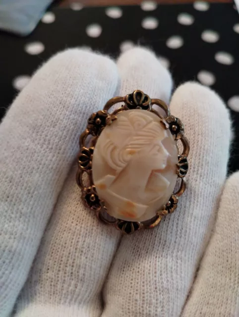 Rare Vtg Cameo Carved Real Shell Brooch Gold tone Floral Frame Beauty