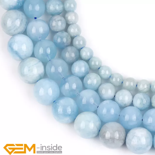 Natural Blue Aquamarine Gemstone Round DIY Loose Beads For Jewelry Making 15"