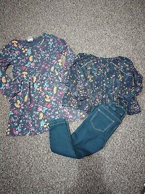 Girls Outfit bundle Next Flowery Blouse, Denim Co Bottoms and dress 3-4 Years