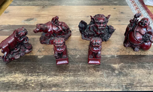 Vintage schwere rote Harzfiguren 4x groß 2x kleiner Tiger Ochse Drache Löwe Buddha