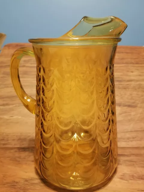 Vintage Amber Glass Pitcher, Libbey Drape Fishscale Pattern