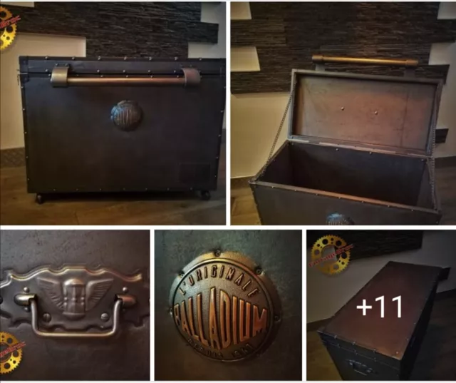 Ancienne et très grande malle CAISSE boite rangement art populaire cuir