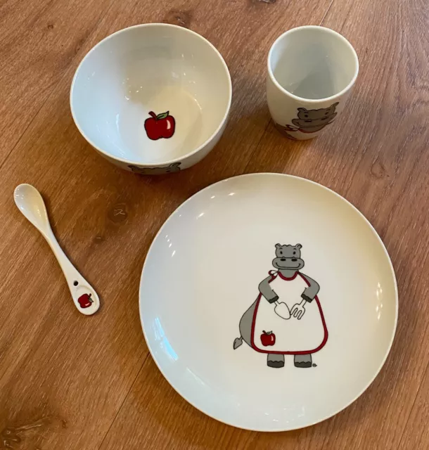 Kindergeschirr-Set 4-teilig, Porzellan, Nilpferd, Teller, Schüssel, Becher, NEU