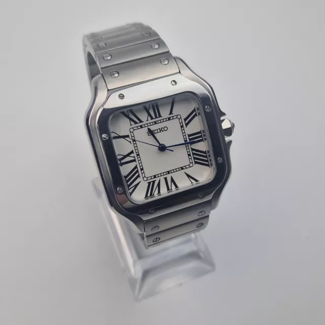 Custom Mod Santo Style Seiko Automatic Watch Silver Stainless Steel 38 mm