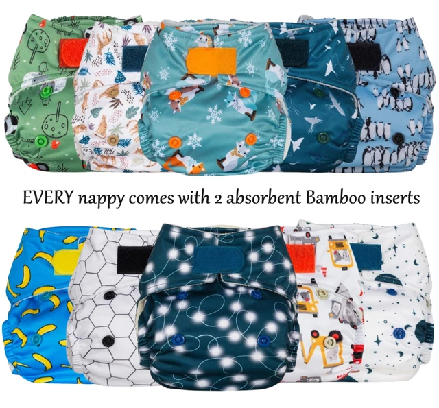 5 X REUSABLE nappies and inserts adjustable Cloth Popper Newborn pocket