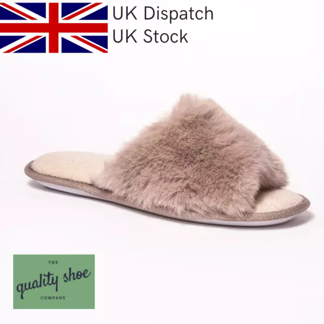 Ladies Womens Fluffy Open Toe Faux Fur Mule Slippers Cushioned Slidders Free P&P