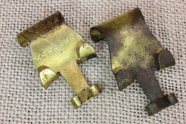 2 old Picture Molding Rail Hooks Brass Painting Hangers vintage VERY tarnished 3
