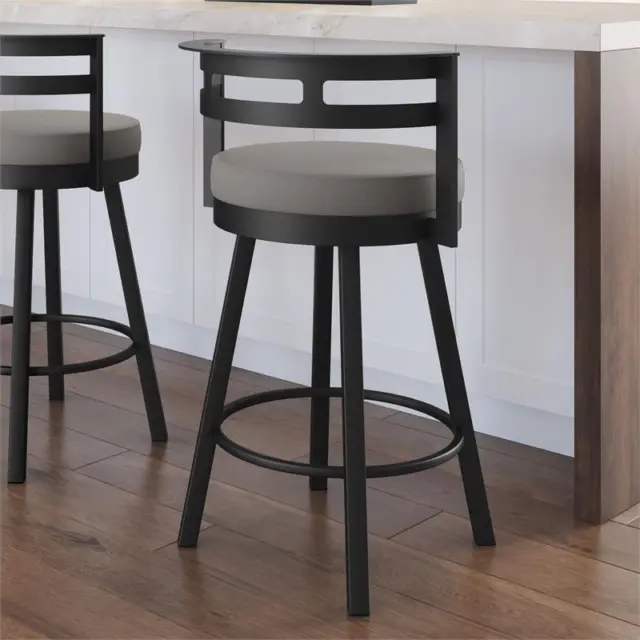 Amisco Render 26 In. Swivel Counter Stool - Taupe Grey Faux Leather / Black